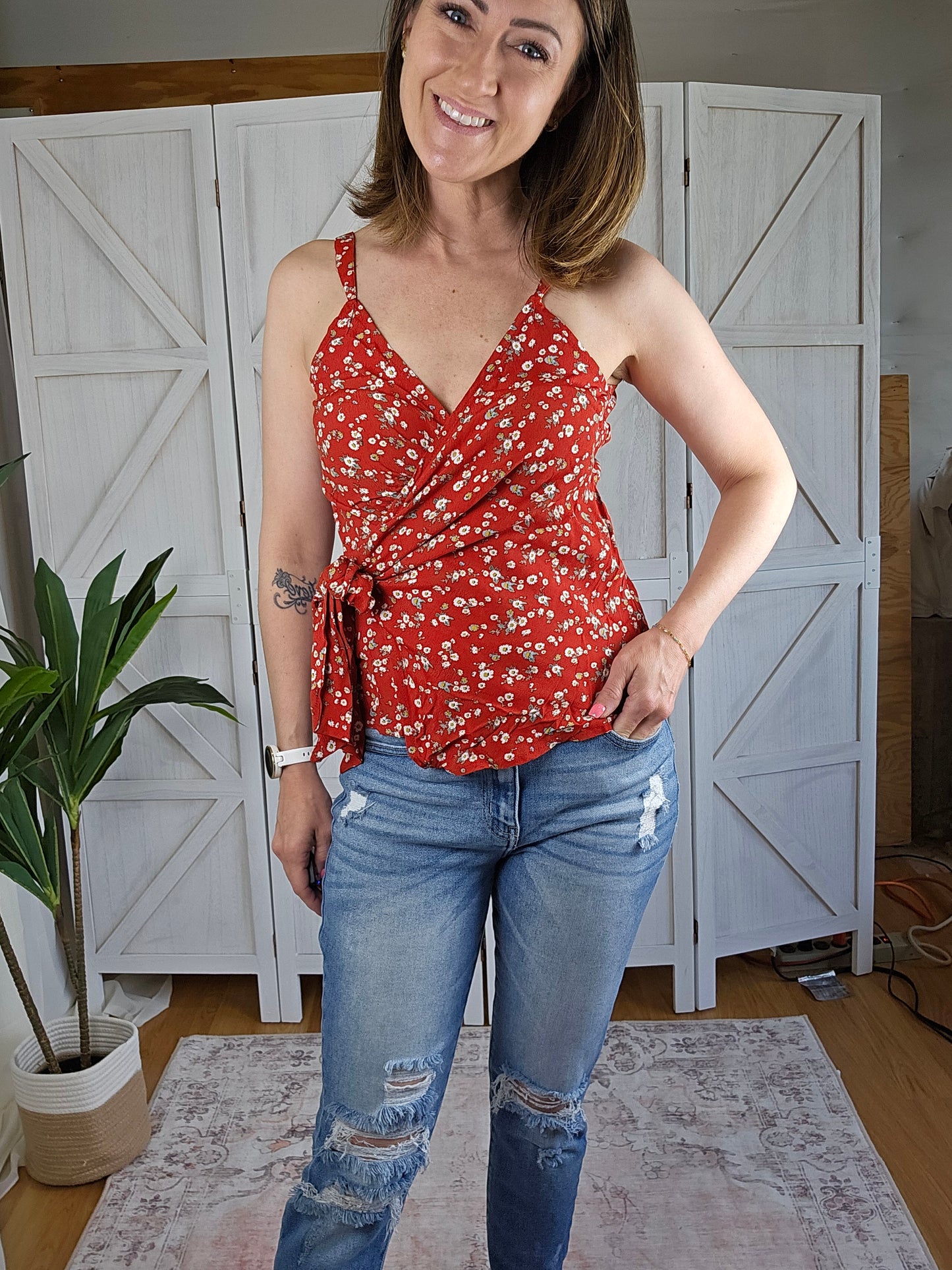 Red Floral Wrap Tank