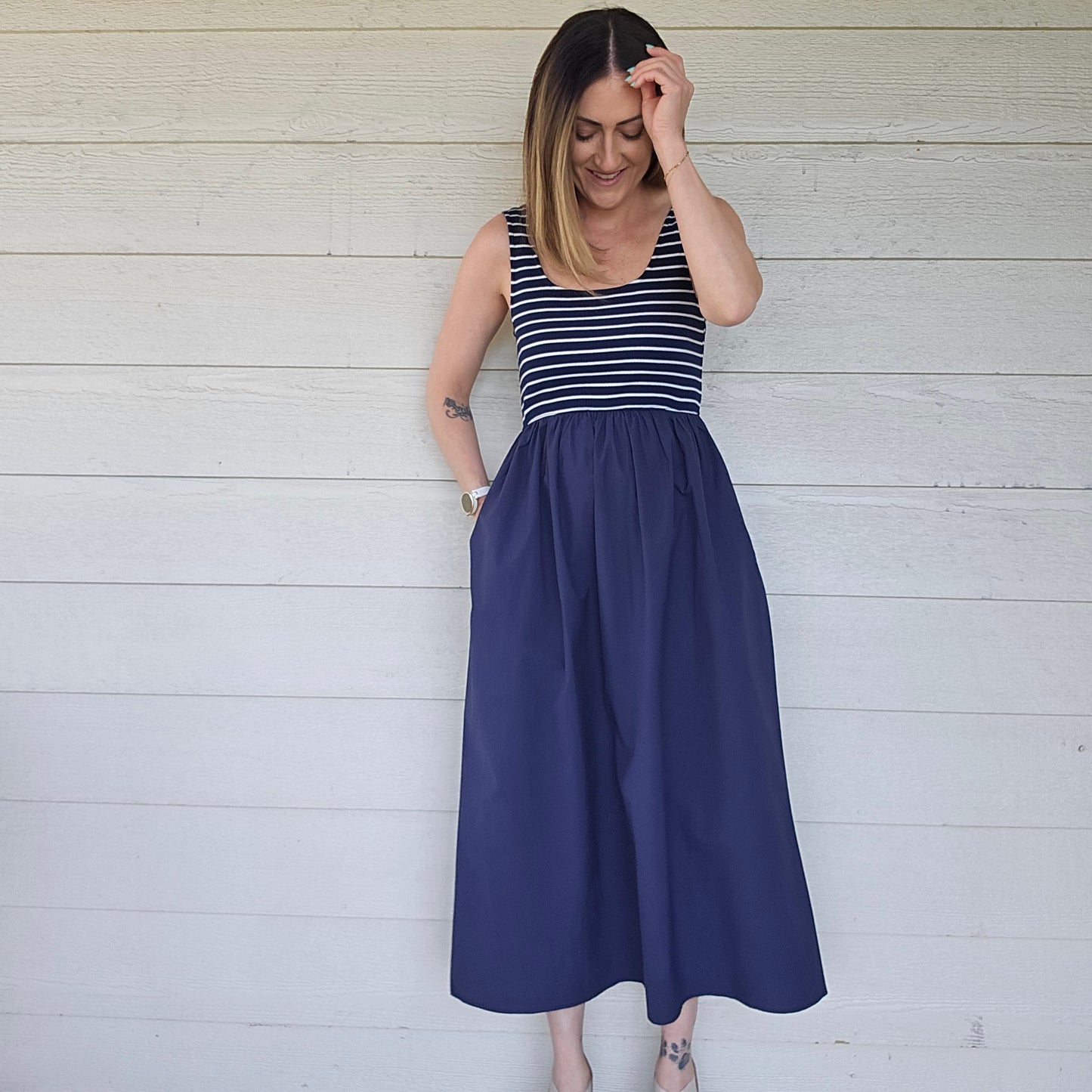 Navy Striped Midi Dress