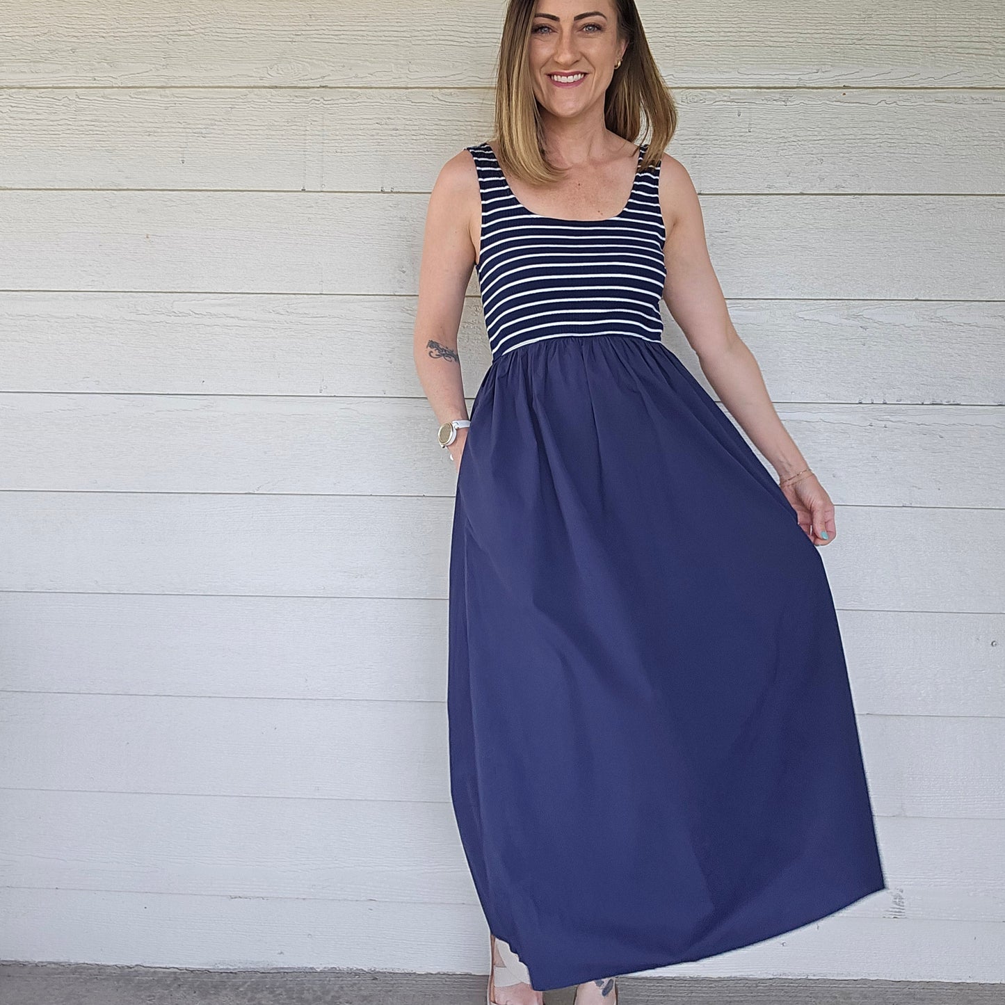 Navy Striped Midi Dress