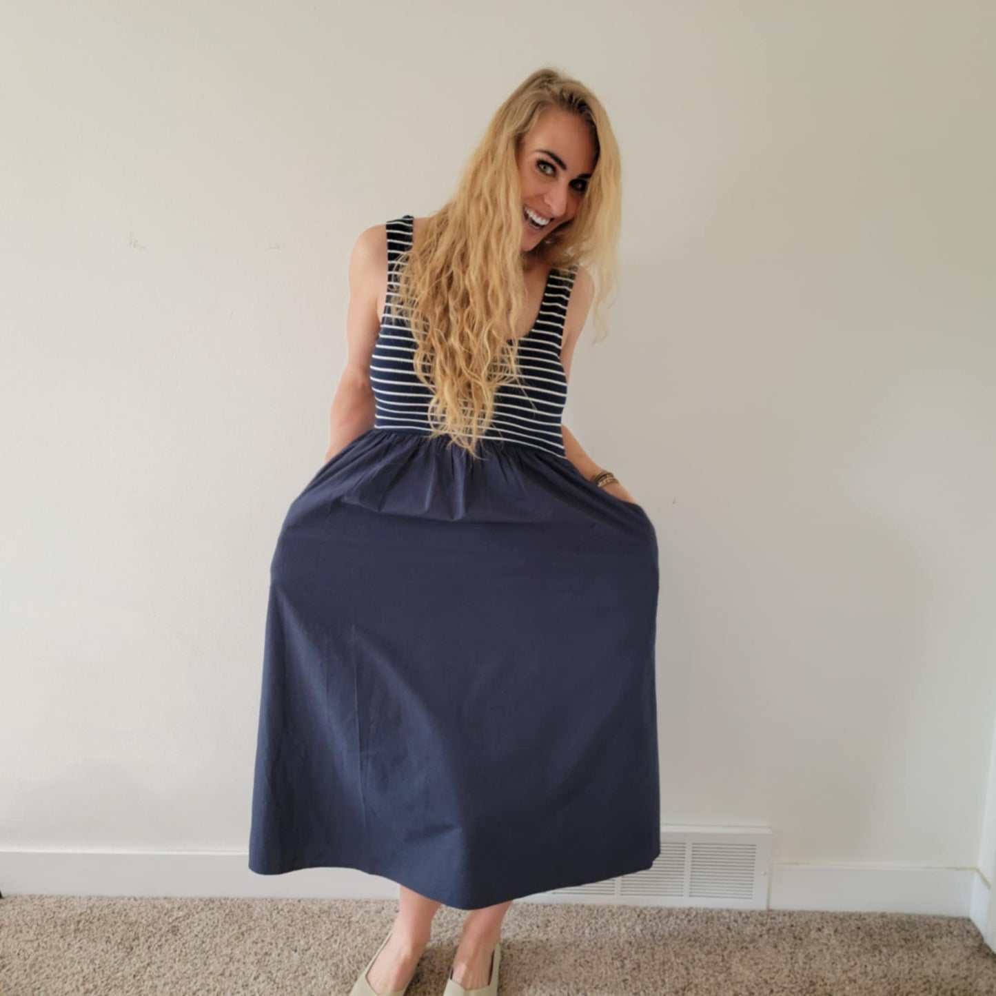 Navy Striped Midi Dress