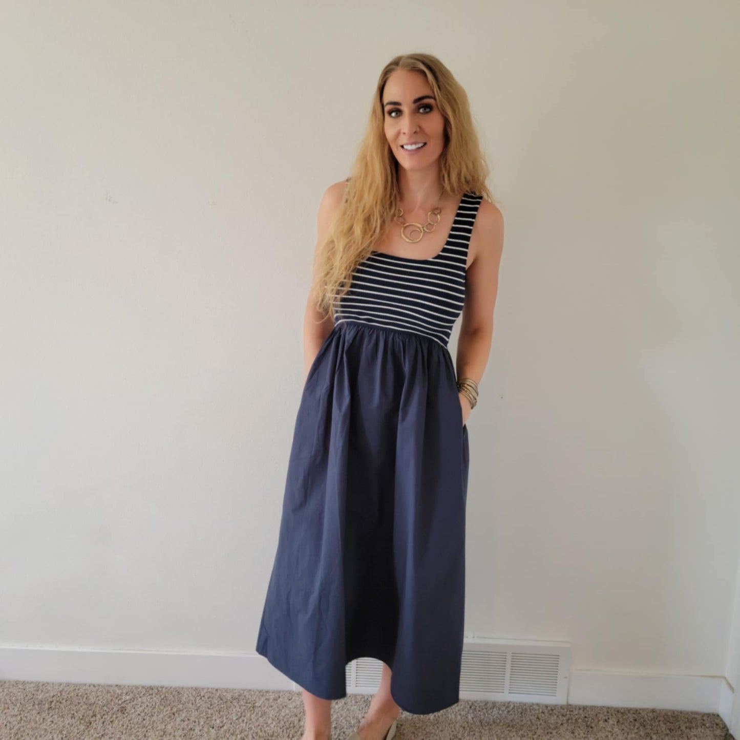 Navy Striped Midi Dress