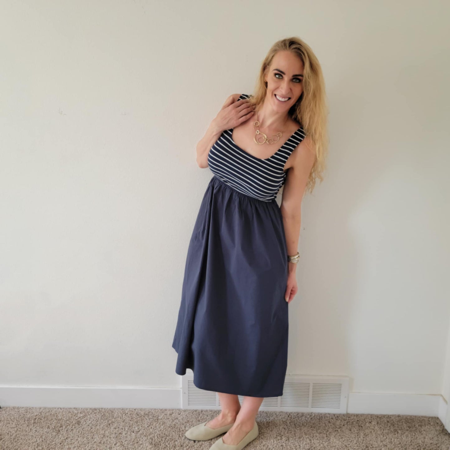 Navy Striped Midi Dress