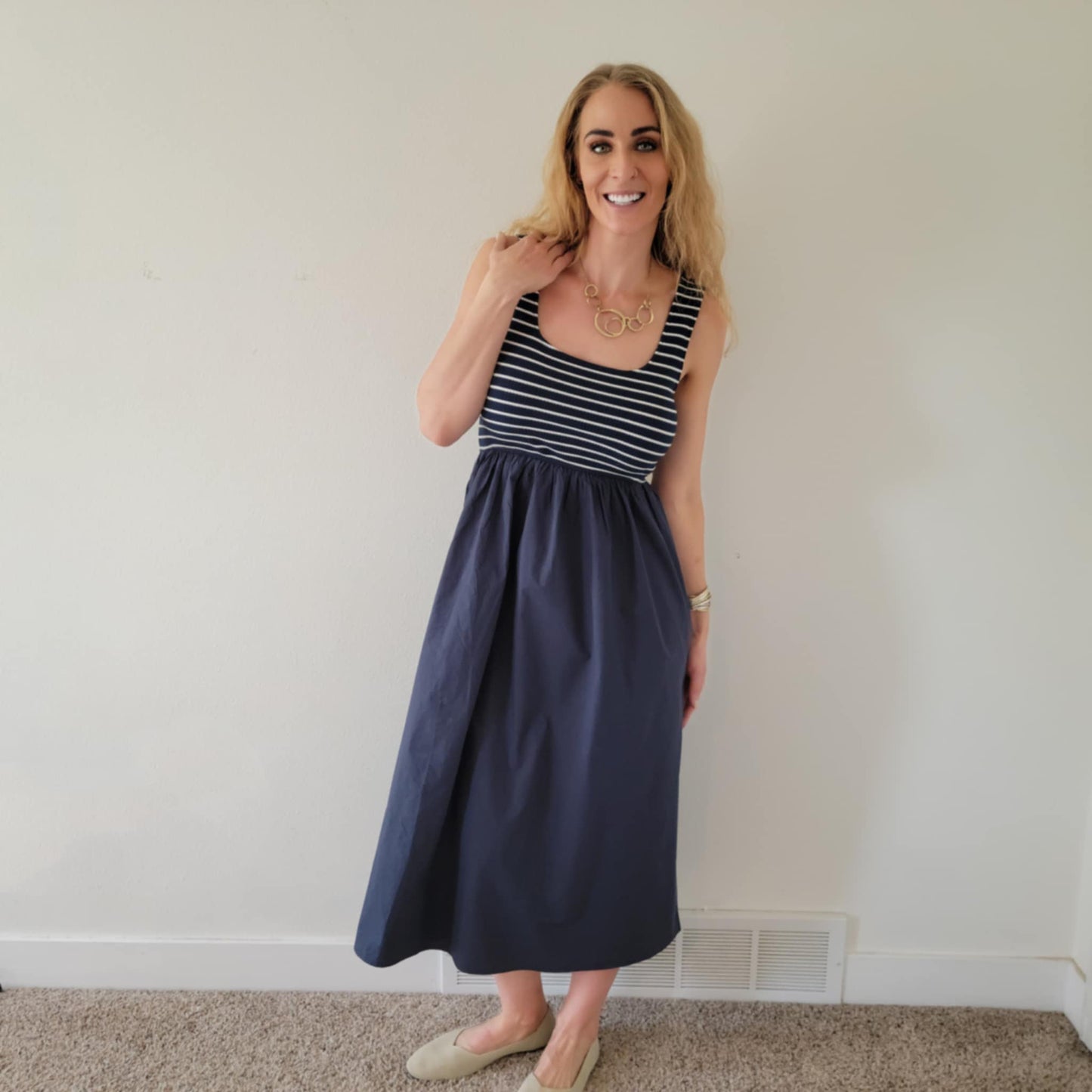 Navy Striped Midi Dress