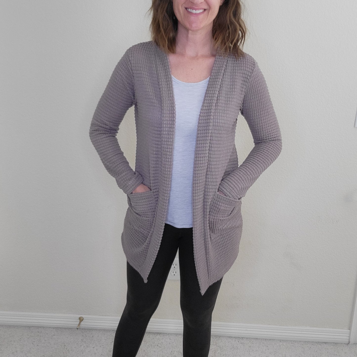 Taupe Color Waffle Cardigan with Pockets