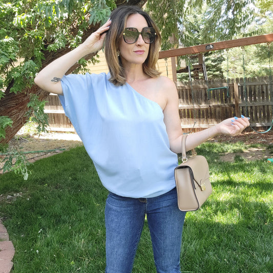 1 Shoulder Blue Top
