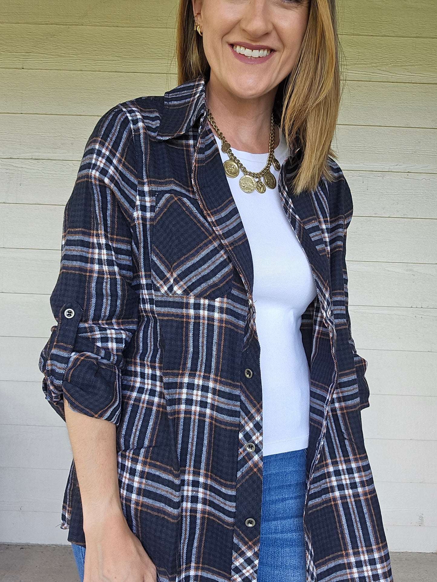 Navy Plaid Button Up