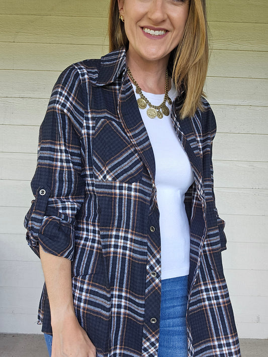 Navy Plaid Button Up