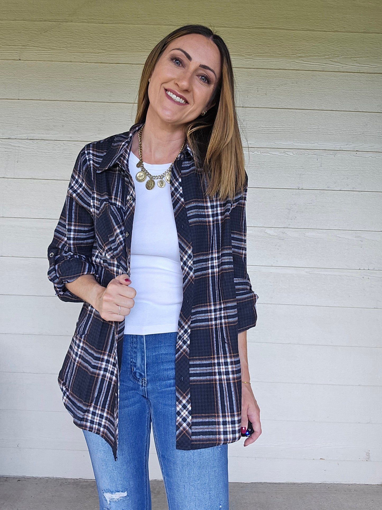 Navy Plaid Button Up