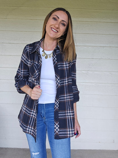 Navy Plaid Button Up