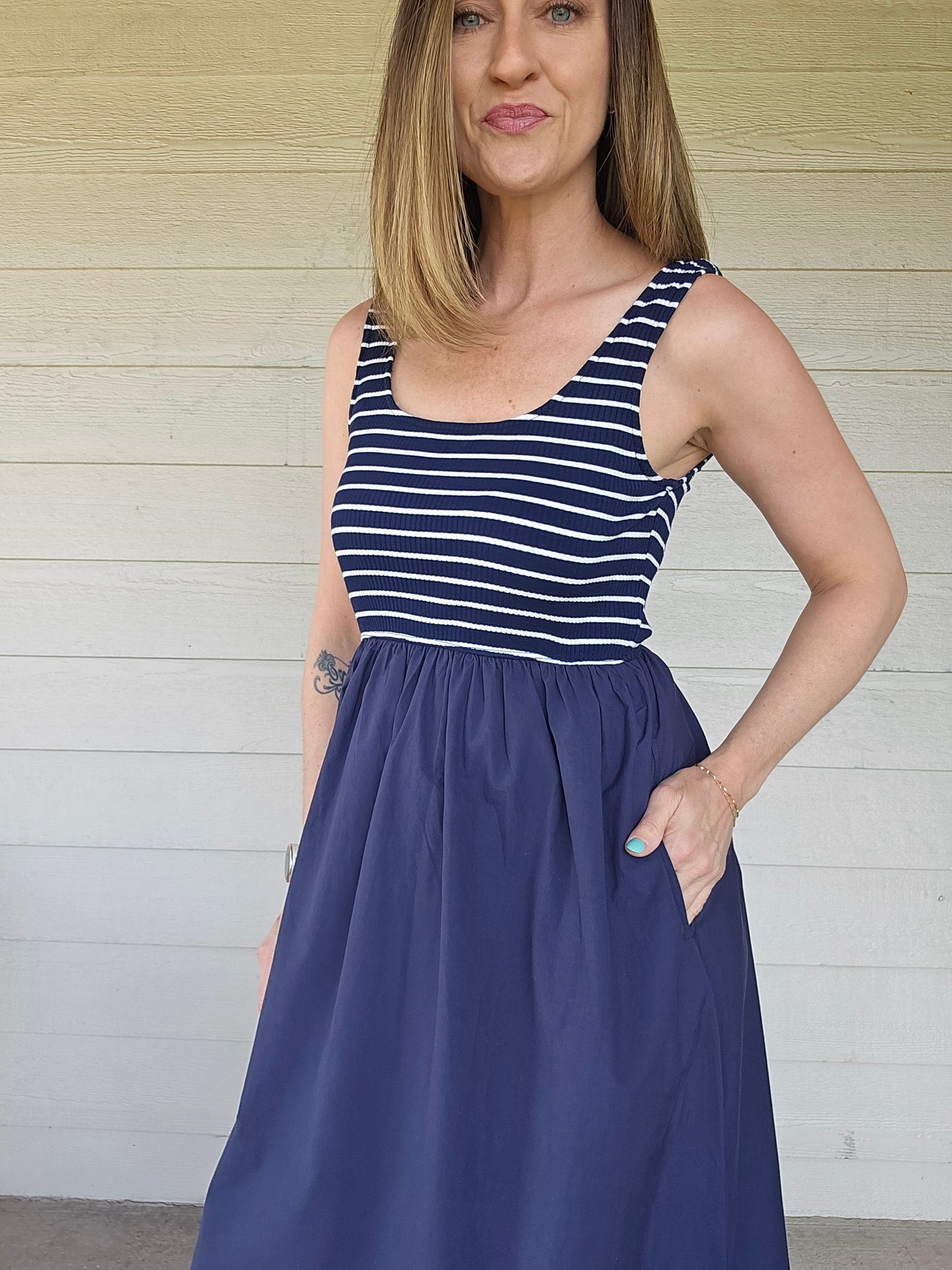 Navy Striped Midi Dress