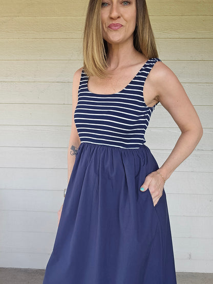 Navy Striped Midi Dress
