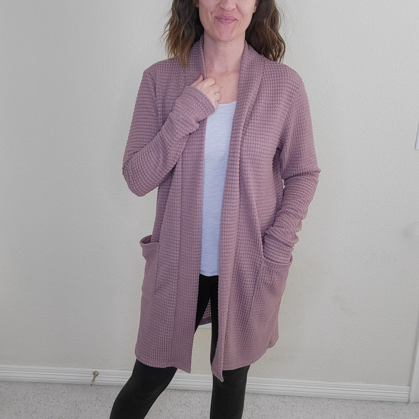 Mauve Color Waffle Cardigan with Pockets